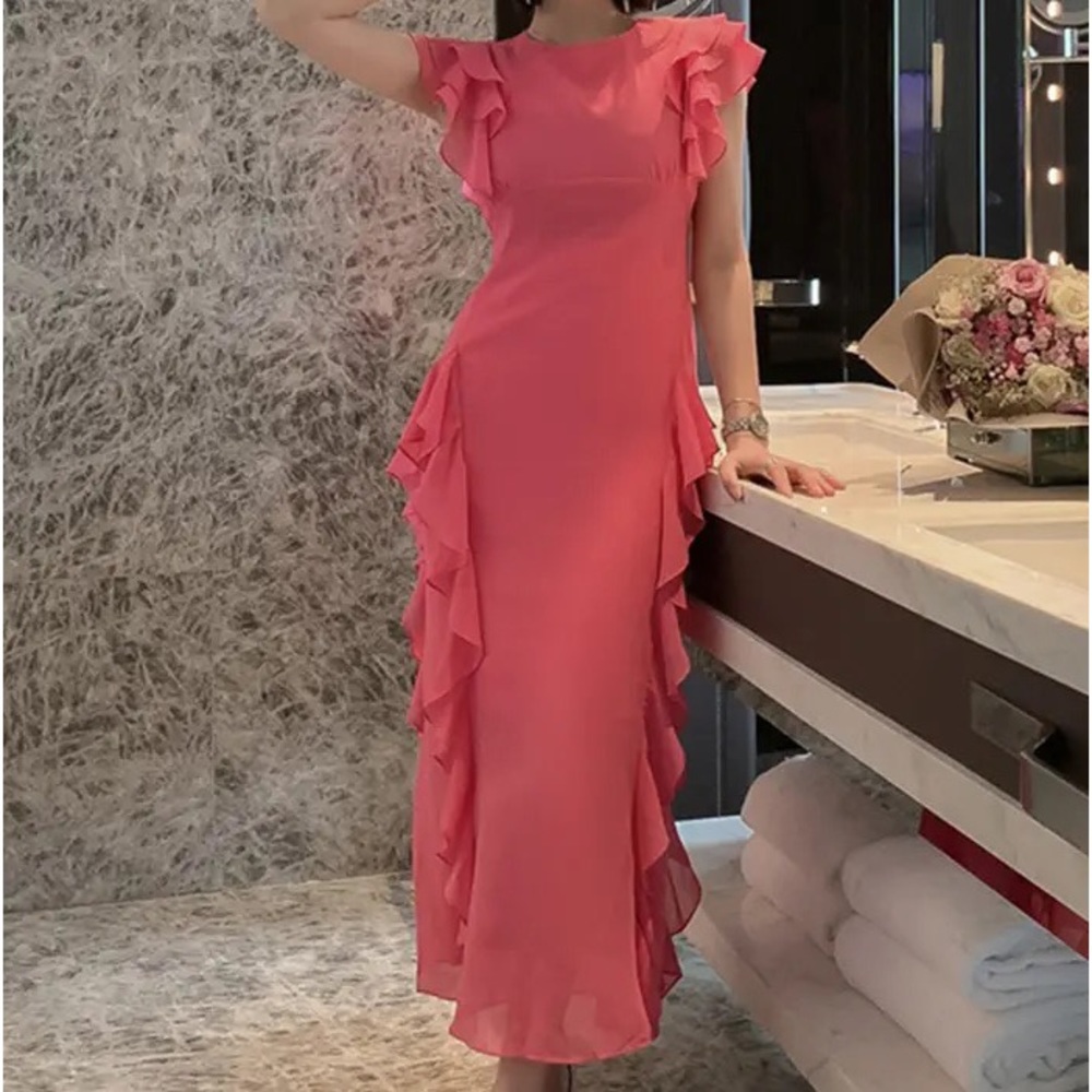 Pink coral ruffle midi maxi dress size xs